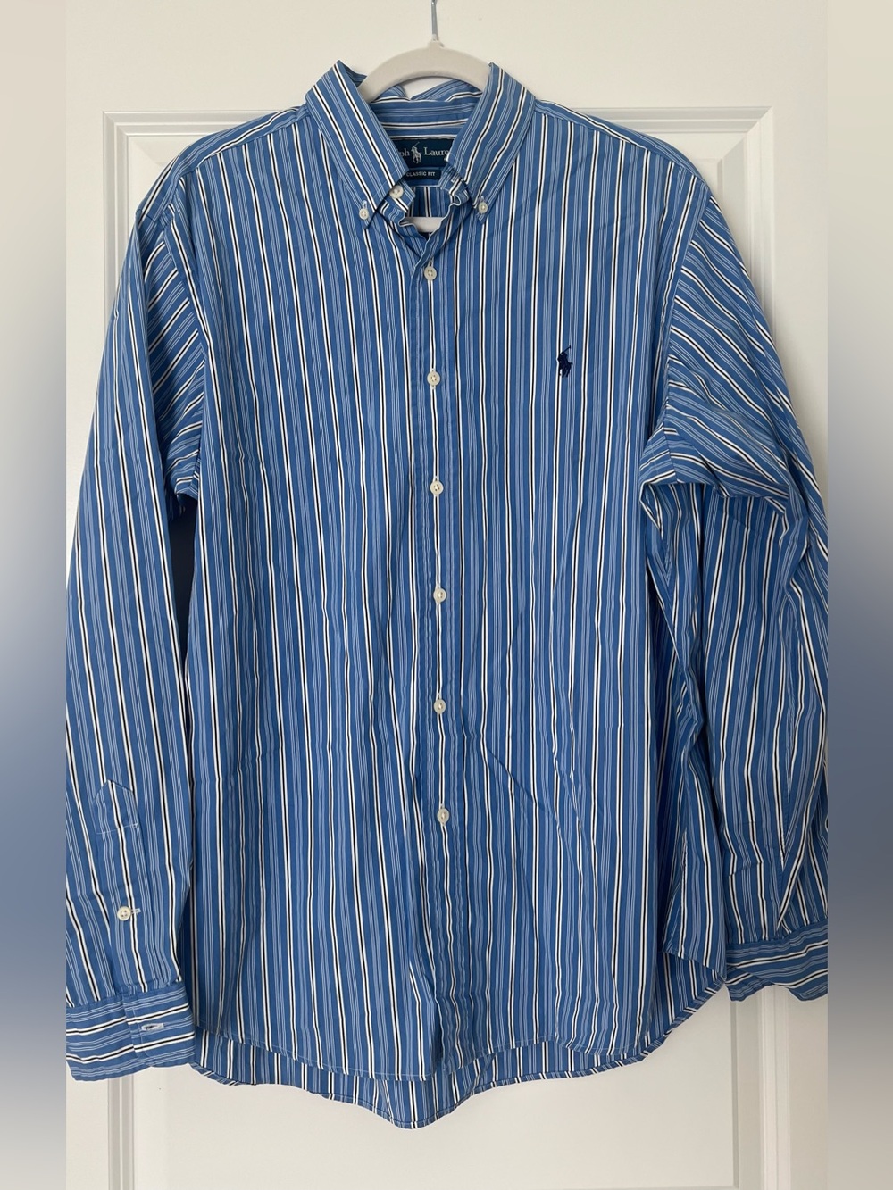 Ralph Lauren Blue and White Striped Button-Down Dress Shirt